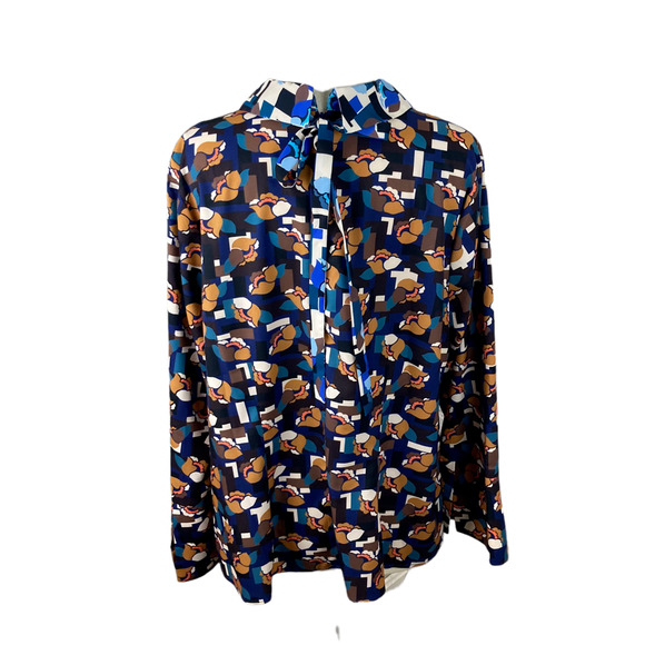 Eloquii NEW 14 Blue Black Geometric Floral Collared Tie Blouse - Picture 3 of 4